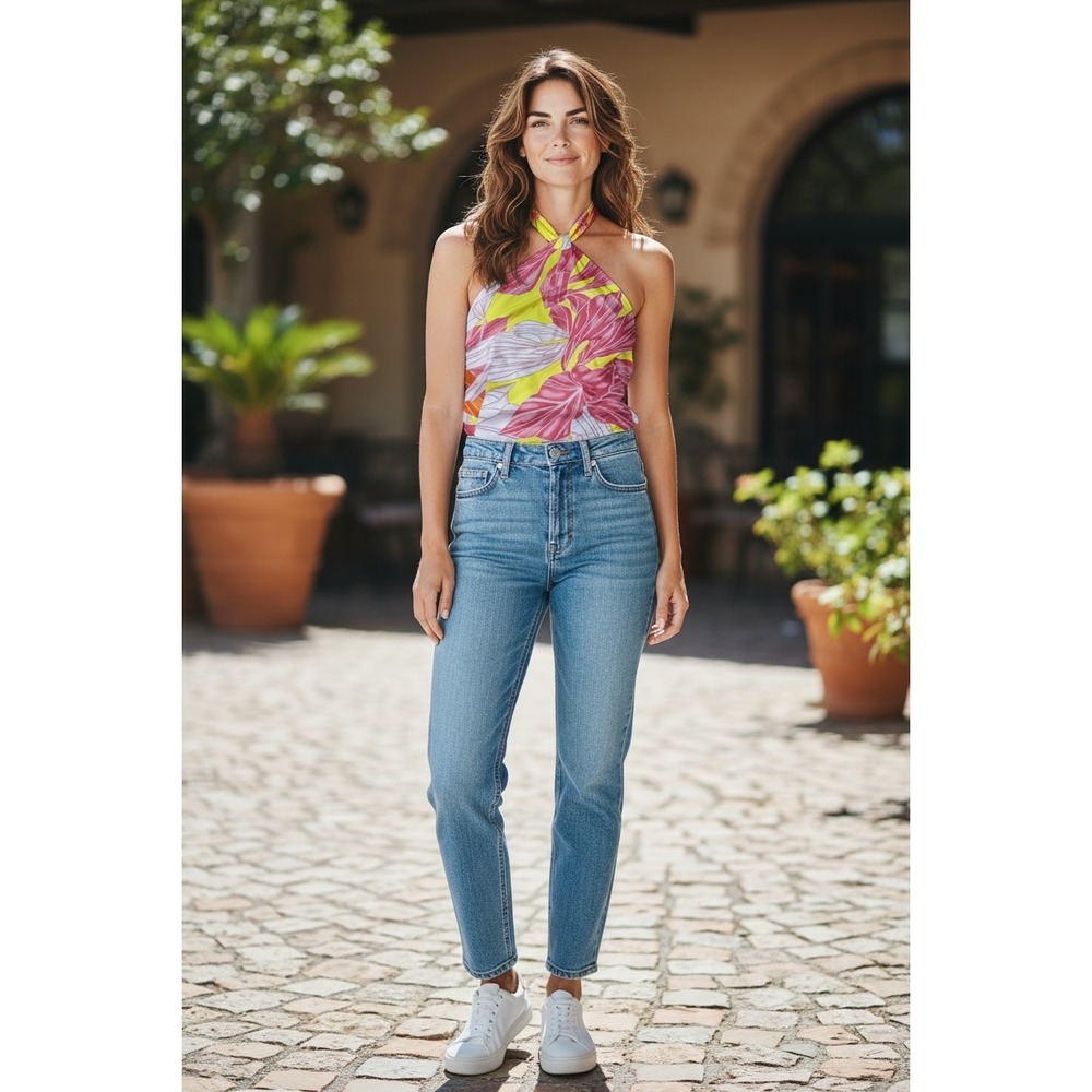 Sigrid Olsen Floral Halter Top Smocked Back Sleeveless Blouse Large NWT